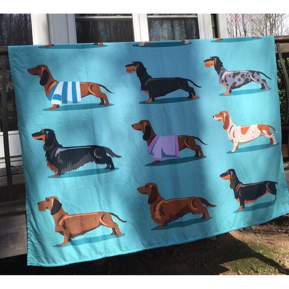 Love Heart Dachshunds Shower Curtain Turquoise Fabric w Weiner Dogs 72 x 72
